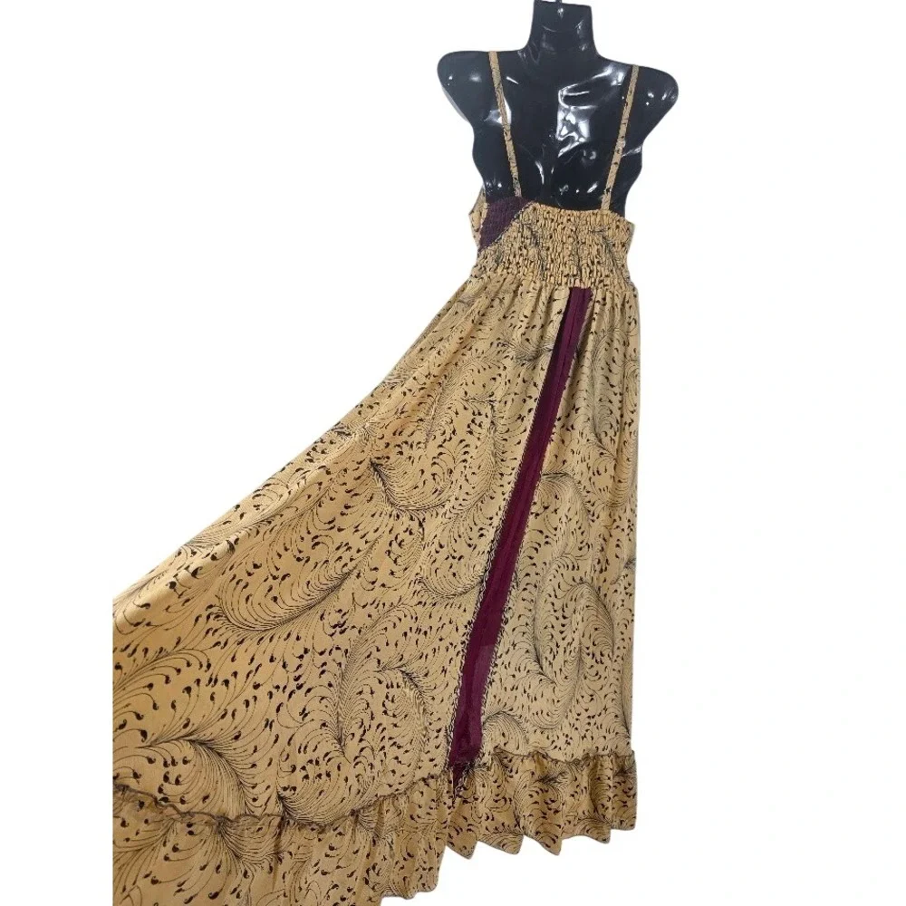 Silk Maxi Dress Womens OS Tan Patchwork Boho Festival Gypsy Ethnic Hippie